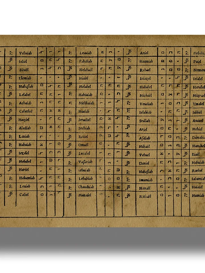 The table of 72 Angels' Names by Heinrich Cornelius Agrippa.
