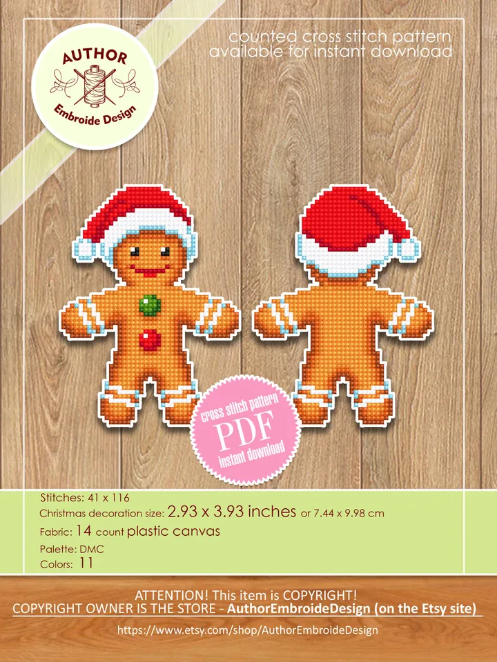 Christmas gingerbread man cross stitch pattern PDF download, Double-sided Christmas tree decor for plastic canvas, Sweet Christmas #N118