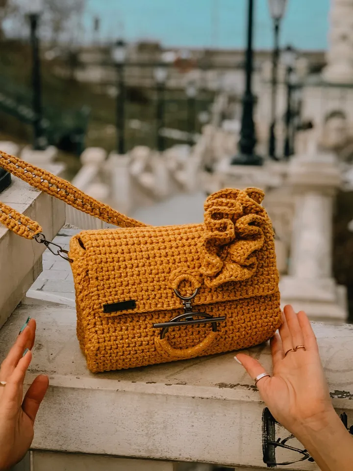 Mustard crossbody with ruffles, crochet bag, handmade luxury handbag, clutch, shoulder bag, accessories for gift, cotton cord