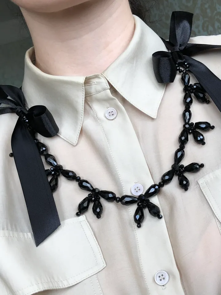Beaded Flower & Ribbon Necklace