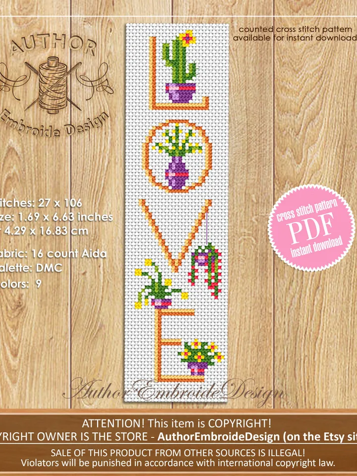 Plant bookmark cross stitch pattern PDF download House plants cross stitch chart, Floral bookmark pattern digital PDF, Book lover gift #B338