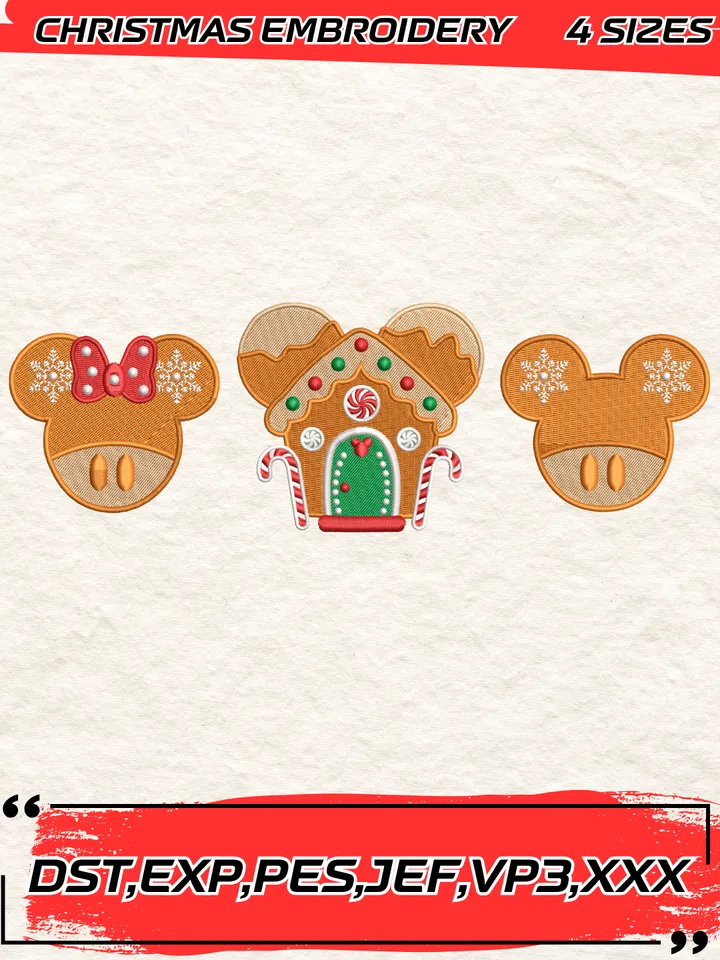 Gingerbread Mickey And Minnie House Embroidery Design,Christmas Embroidery Design,4 Sizes,Digital Download