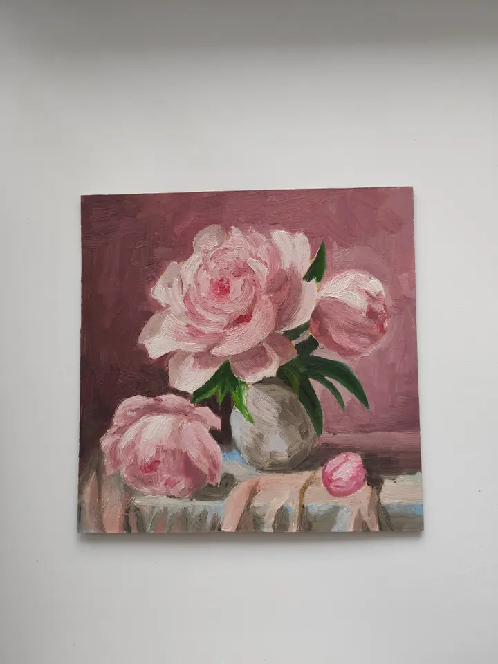 Oil painting on cardboard peonies
