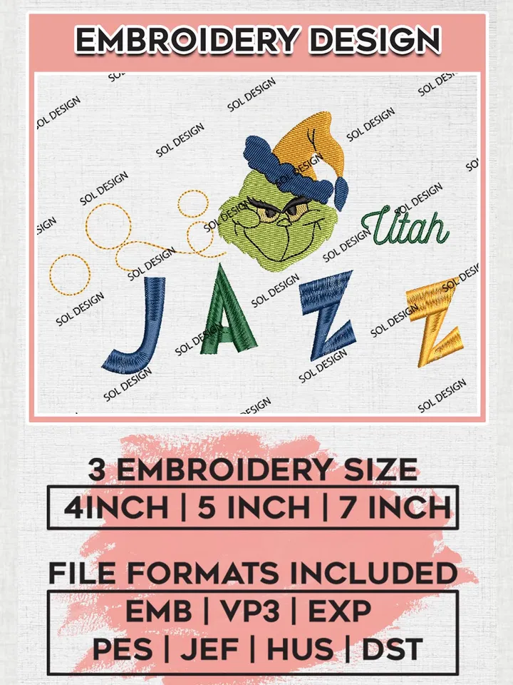 Grinch Utah Jazz Embroidery Designs, Grinch Christmas Embroidery Files, NBA Utah Jazz Machine Embroidery Designs, NBA Jazz Logo, NBA Christmas Machine Embroidery Design, Digital Download