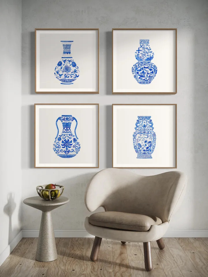 Blue Chinoiserie Set Of 4 Ginger Jars, Watercolor Painting, Vintage Chinoiserie, Chinese Vase Prints, Housewarming Gift, Chinoiserie Art