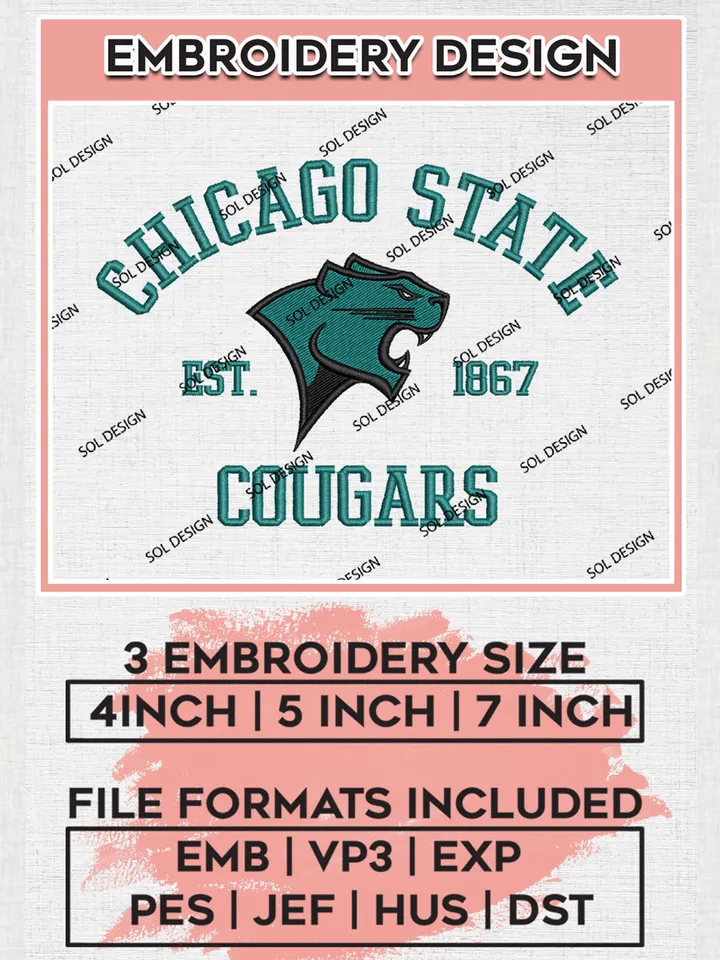 Chicago State Cougars Est 1867 Embroidery Designs, NCAA Chicago State Cougars Team Embroidery, NCAA Team Logo, 3 sizes, Machine embroidery Files, Digital Download