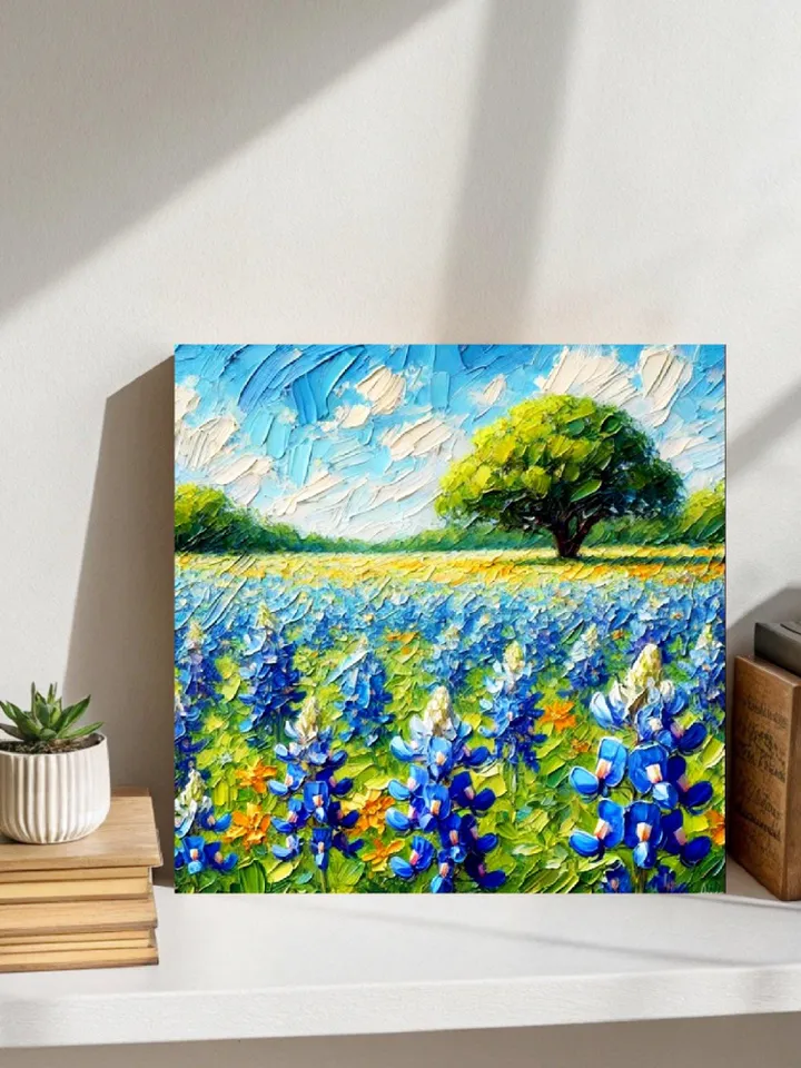 Texas Bluebonnets Painting Flowers Original Art Oak Tree Impasto Oil Painting National Park Painting Landscape Blue Art Impressionist Gifts