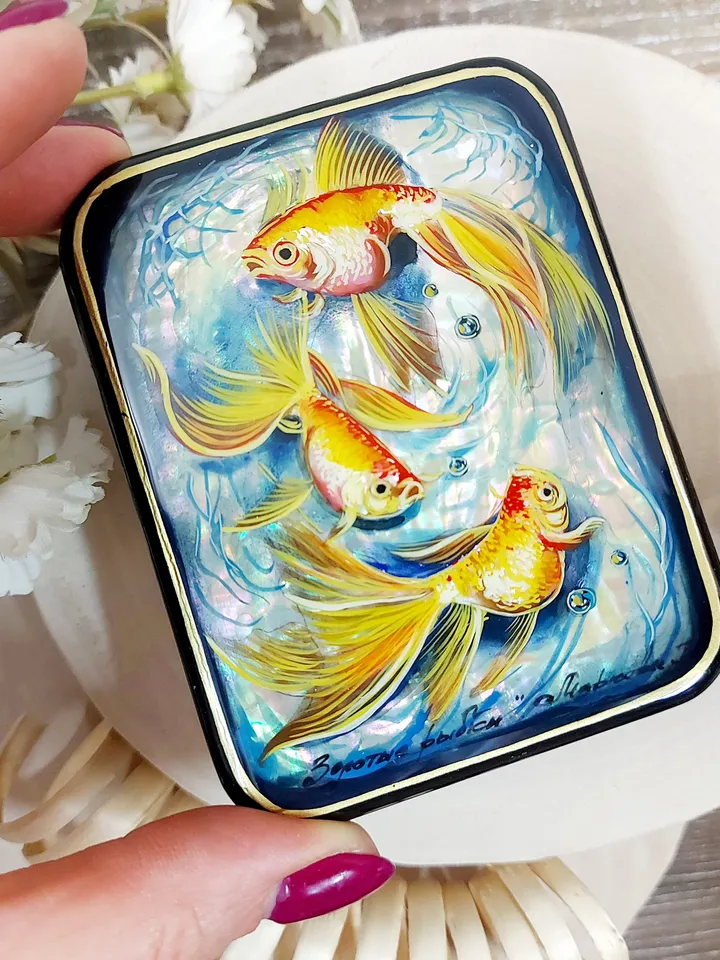 Beautiful Russian Lacquer Box "Fishes",Fedoskino miniature Hand painted ,box for jewelry Mother of pearl, Art gift