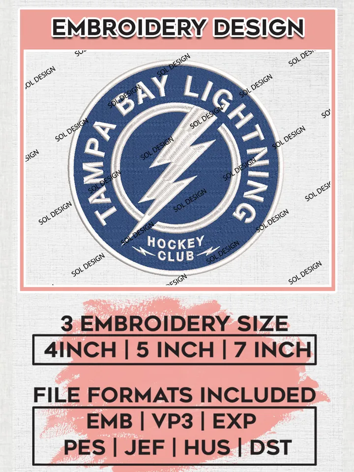 Tampa Bay Lightning Hockey Club Logo Embroidery Design, NHL Tampa Bay Lightning Logo Embroidery Files, Hockey Team Machine Embroidery, Machine Embroidery Design