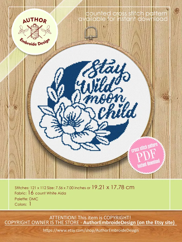 Floral moon cross stitch pattern PDF download Stay wild moon child cross stitch chart, Moon pattern digital PDF, Crescent moon decor #Q51