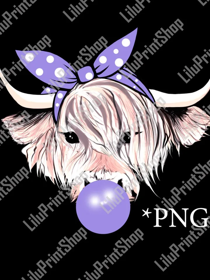 Blonde Highland cow png sublimation Cow with bubble gum and purple bandana White Heifer clipart png. digital instant download