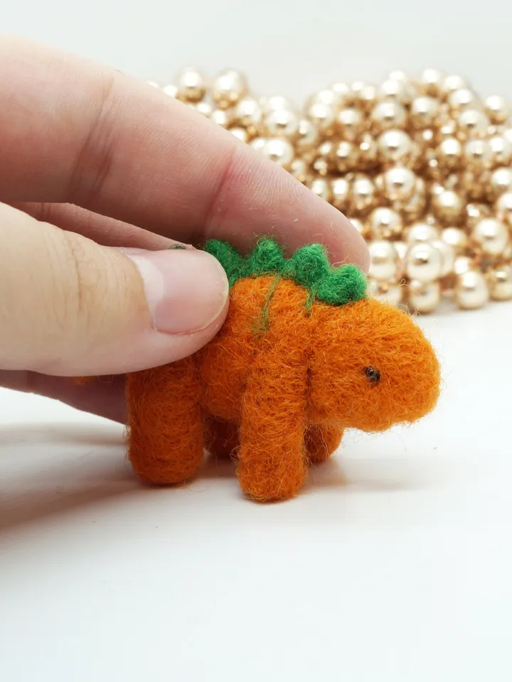 Miniature needle felted stegosaurus dinosaur, orange dinosaur, ready to ship from the USA