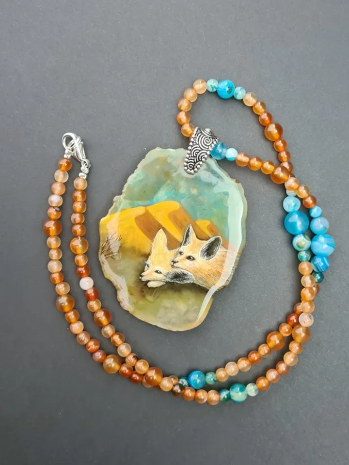 Desert fox fenech necklace with big ears Hand painted jewelry miniature painting