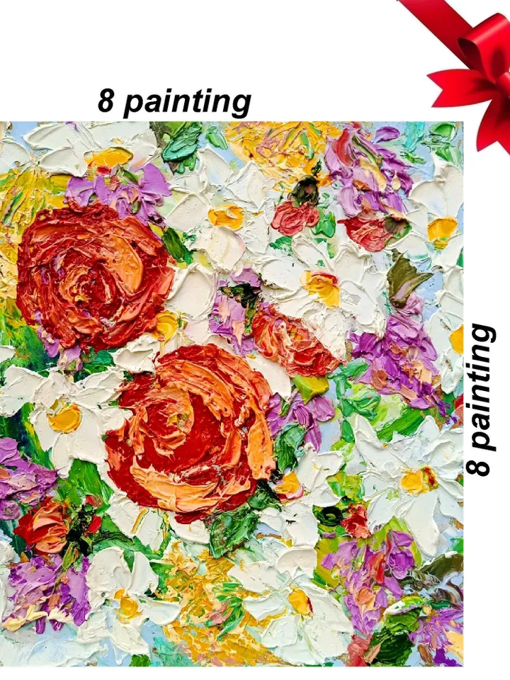 Impasto Oil Painting Impressionist Original Art 8x8 Pink Red Flowers Small Artwork Blooms of Bliss Peonies Floral Art by ArtProkopaloSv