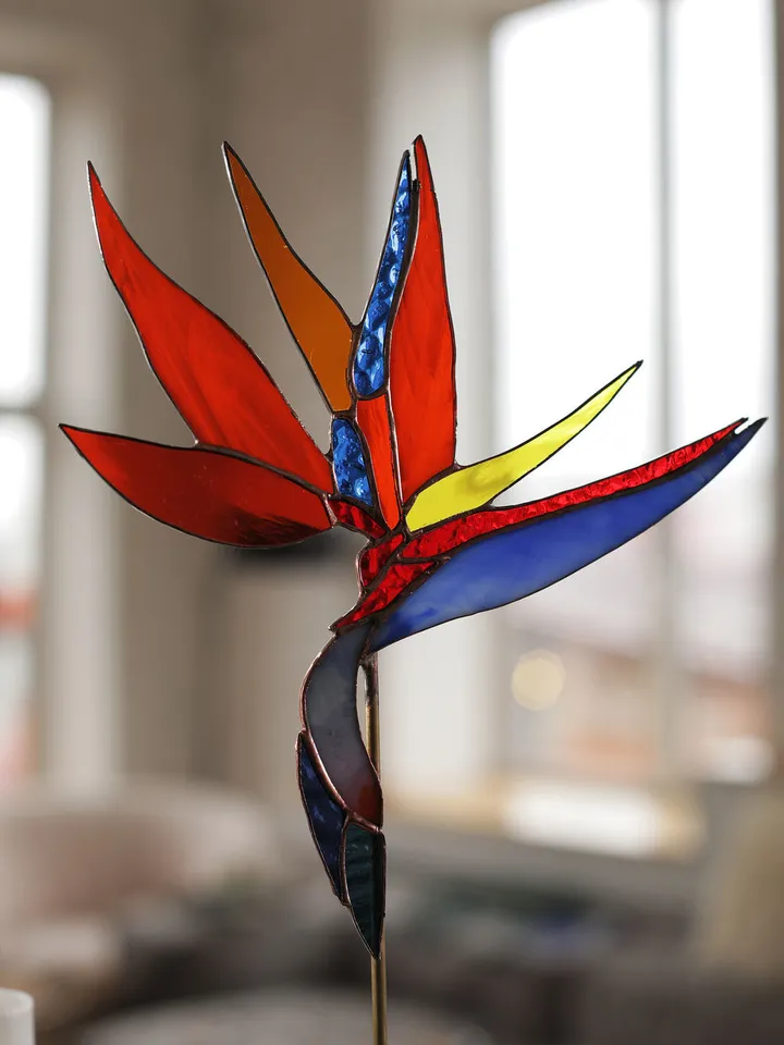 Strelitzia on a Stand, Stained Glass Flower, Decorative Glass Art, Exotic Glass Bloom, Tiffany Style Flower, Handcrafted Glass Decor, Strelitzia Sculpture