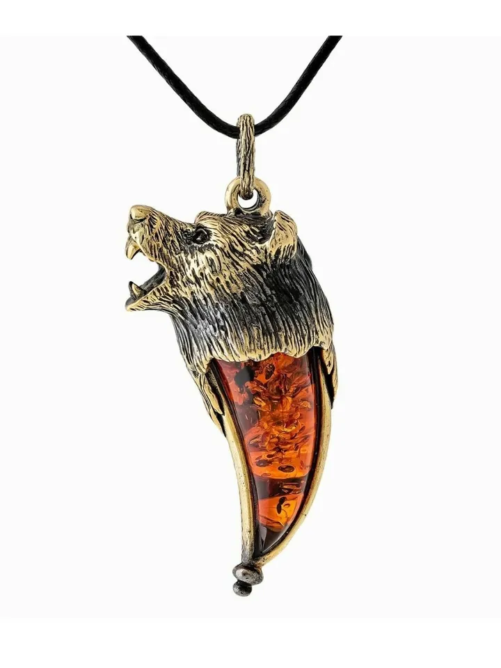 Bear Amulet Necklace Men Big Cool Pendant Head Fang Bear Totem Animal Jewelry Christmas Birthday Gift For Boyfriend Men Gold And Amber Protection Amulet Pendant