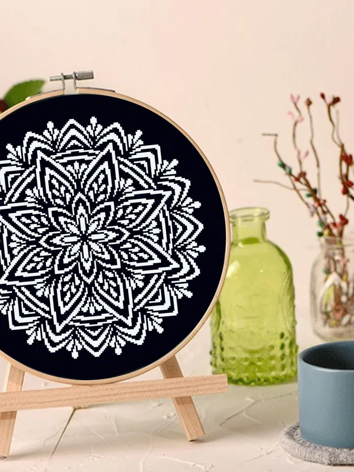 Flower mandala cross stitch pattern PDF download Mandala ornament cross stitch chart, Monochrome floral mandala pattern digital PDF #M232