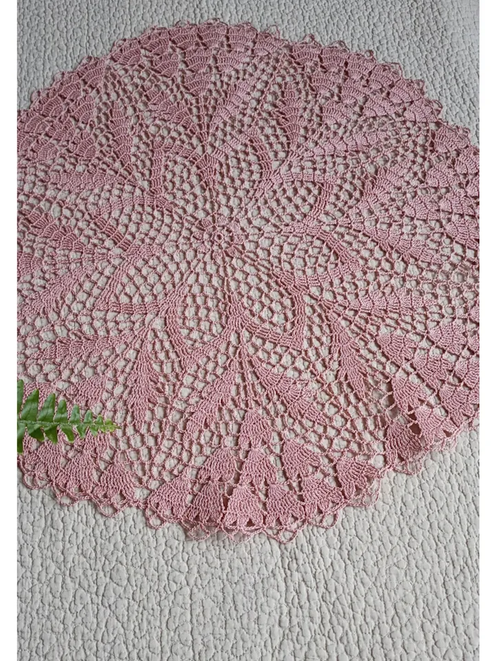 Hand crocheted large lace lacy salmon doily 21.65 inch