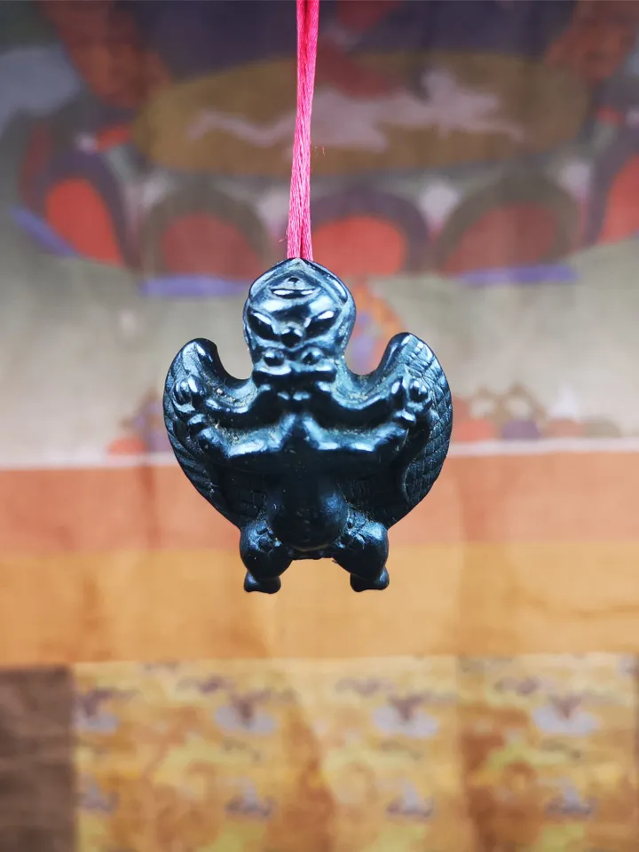 Gandhanra Hand Carved Obsidian Tibetan Amulet Garuda,Garula,Suparna,Golden-wings Bird Pendant, 1.65&quot;