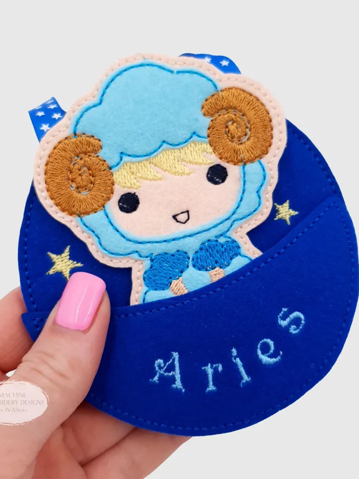 ITH Aries Zodiac Finger Puppet & Gift Bag Embroidery Design, Ram Star Sign Toy, 4x4 Hoop Christmas Ornament File