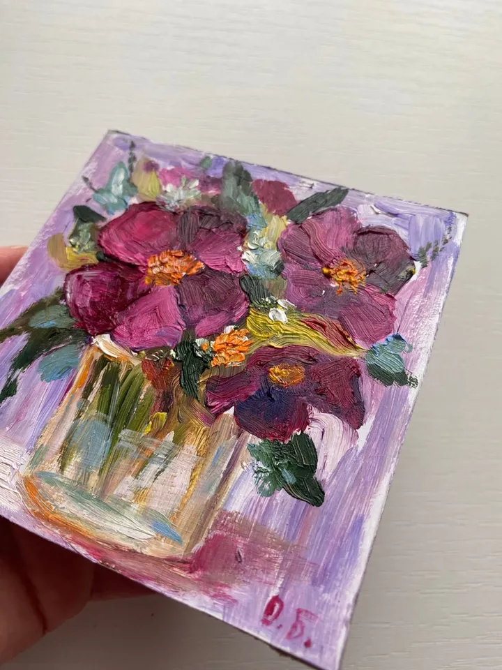 Mini oil painting "Pansies" impasto - a unique gift
