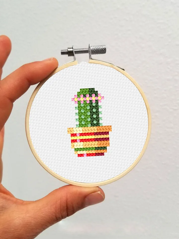 Blooming cactus plant cross stitch pattern PDF download, Simple mini cross stitch chart, House plant cross stitch, DIY Plant lover gift #P35