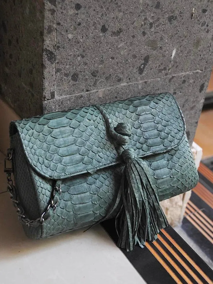 Genuine Python Skin Clutch with tassel |women purse | exotic leather bags | dark green evening clutch | designer crossbody bag handmade