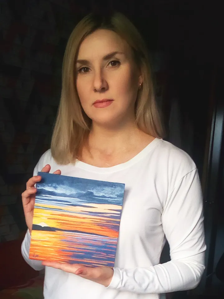 Seascape, Painting Sunset on the sea, Orange sunset, Landscape - acrylic, Painting with sunset
