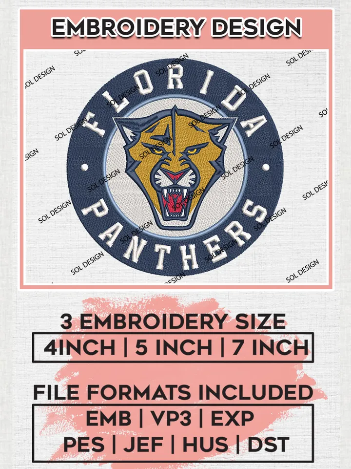 NHL Florida Panthers Hockey Team Mascot Round Logo Embroidery Design, NHL Florida Panthers Logo Embroidery Files, Hockey Team Machine Embroidery, Machine Embroidery Design