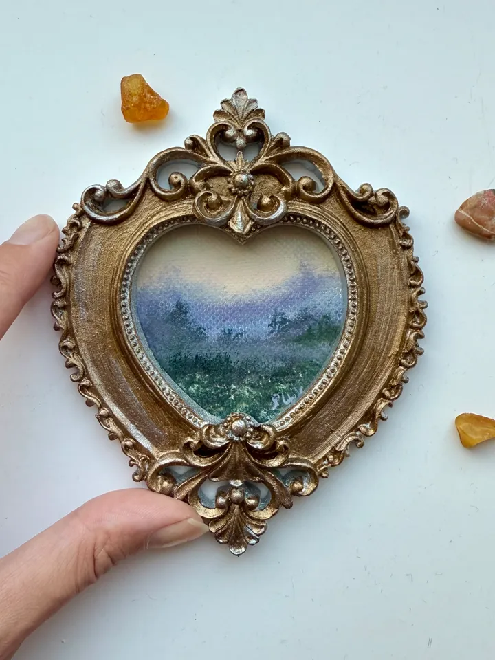 Morning Foggy Field Landscape Painting Original In Vintage Style Frame Small Framed Oval Painting Art