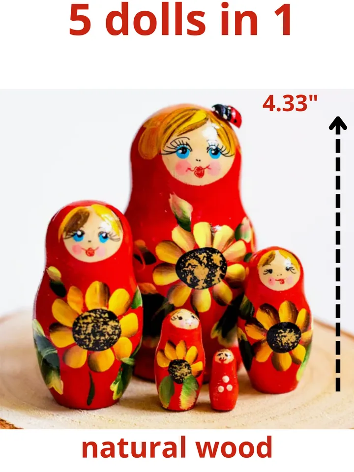 Matryoshka wooden 4,3” souvenir. Set of 5 dolls in 1.