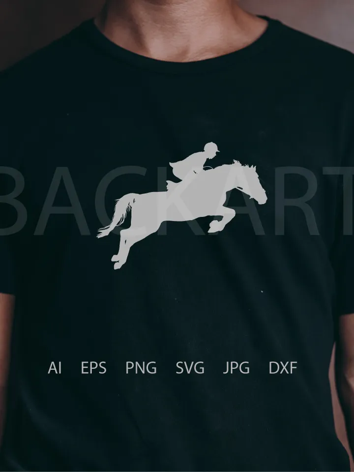 Cut out file. Silhouette horse. Horseman on horse. Jumping competition. Silhouette vector image. Plotter cutting. Ai file, EPS file, DFX file, PNG file, JPG file