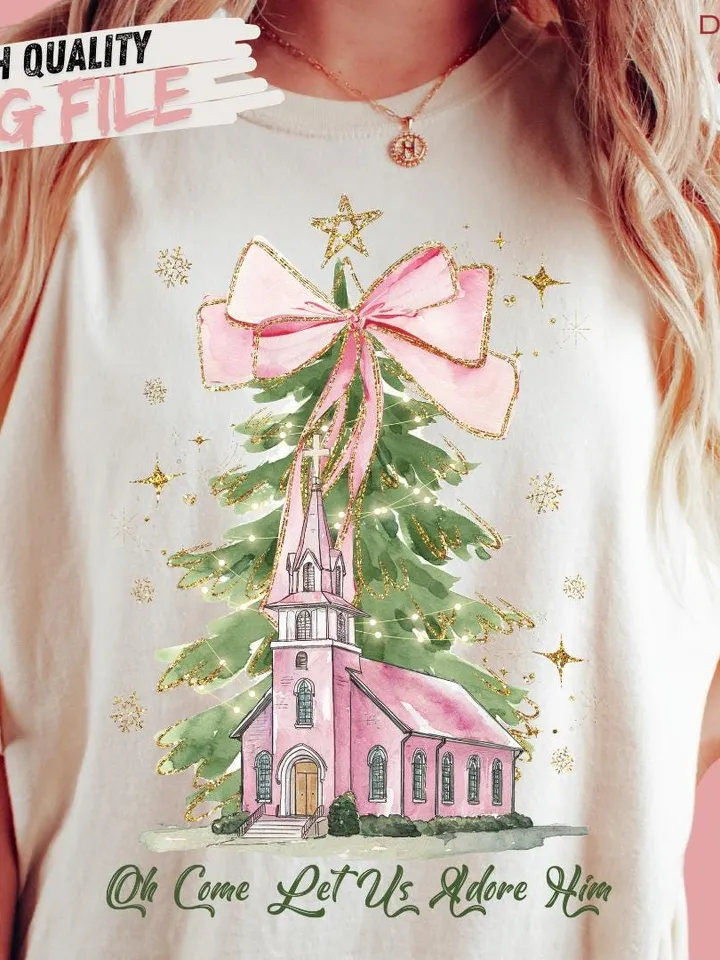 Oh Come Let Us Adore Him Png, Watercolor Christmas Tree Girly, Jesus Christmas Coquette Bow Tree Png, Christmas Lights Hand Drawn