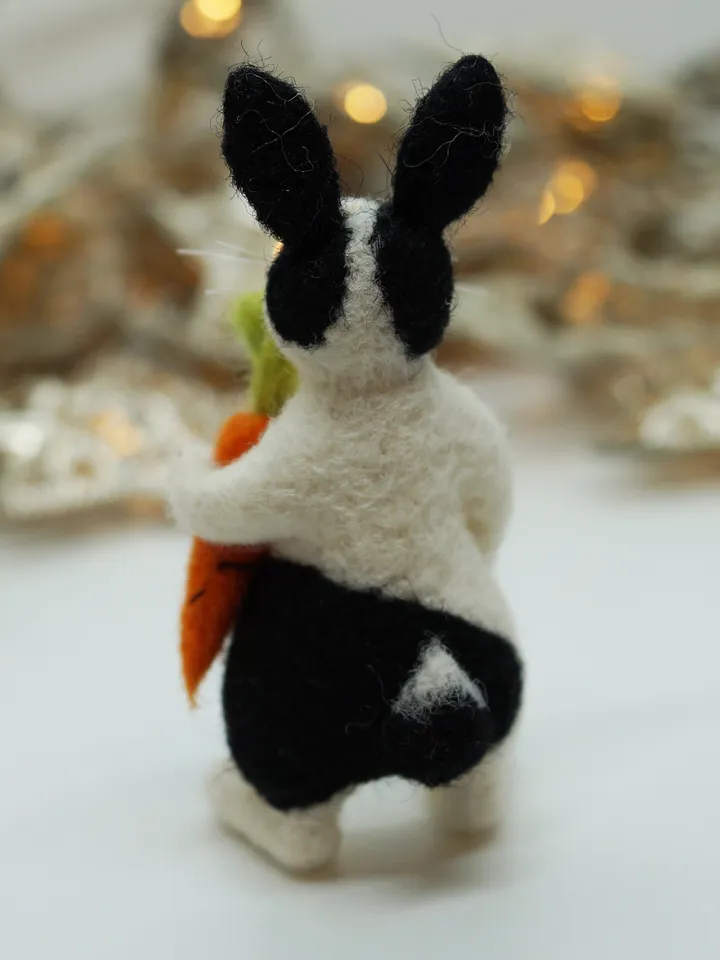 Bruno the rabbit, miniature needle felted black and white rabbit with a carrot, made to order