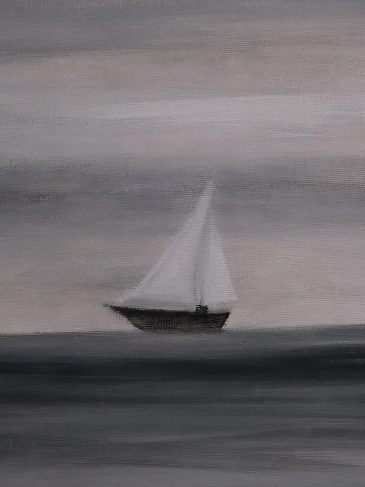 Oil Painting Lonely Sailboat Seascape Yacht Travel Sea Cruise 9x7 Inches 24x18 cm Canvas on Cardboard Minimalism Wall Decor Occasion Gift