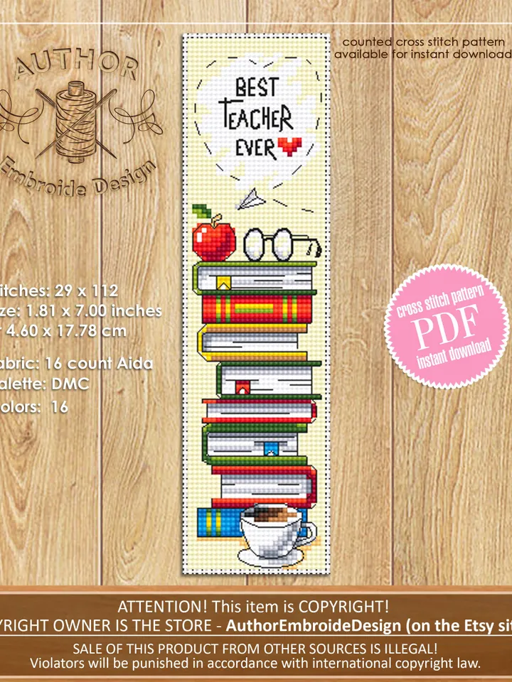 Teacher bookmark cross stitch pattern PDF download Best teacher ever, Handmade bookmark pattern digital PDF, Teachers day gift School #B352