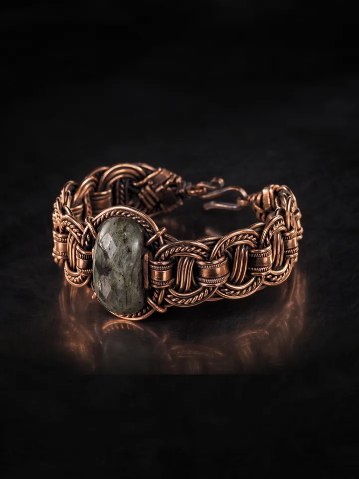 Copper wire wrapped larvikite bracelet Unique bangle 7th Wedding Anniversary