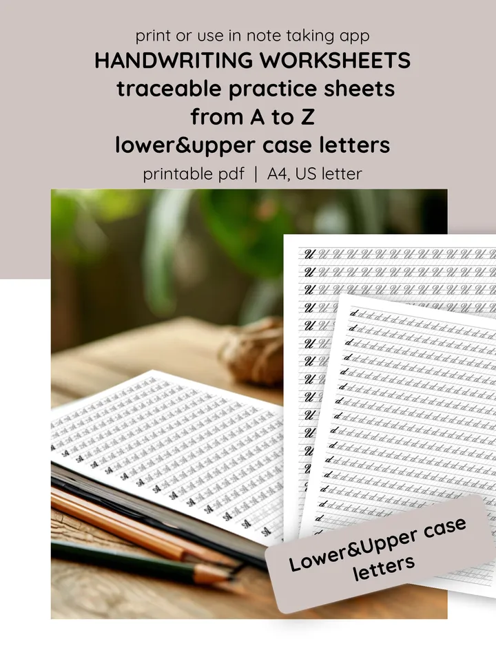 Printable Traceable Calligraphy Worksheets for Capital & Lowercase Letters. Cursive handlettering practice for adults. Printable writing templates. Downloadable cursive handwriting worksheets.