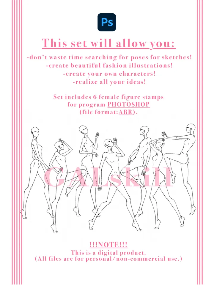 Photoshop brush, Body poses of female figure, set "Dynamic"