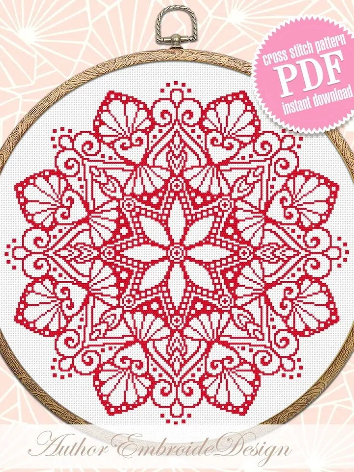 Flower mandala cross stitch pattern PDF download Monochrome cross stitch chart, Simple mandala pattern digital PDF, Mandala ornament #M261