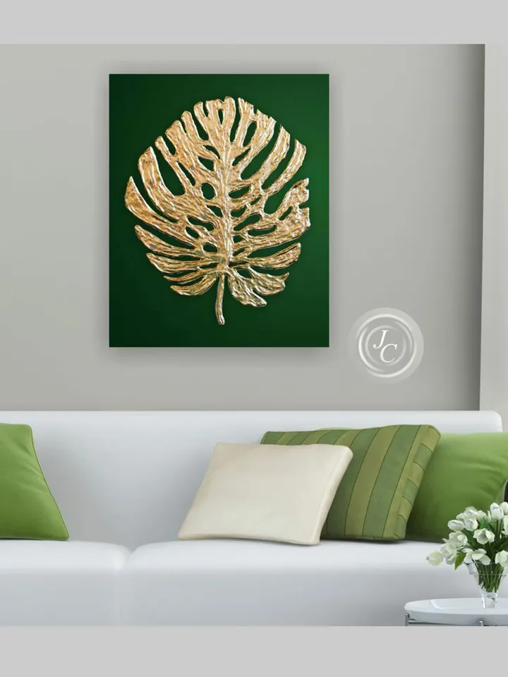 Gold Monstera Leaf Wall Art Green and Gold Abstract Painting Original artwork Modern wall decor