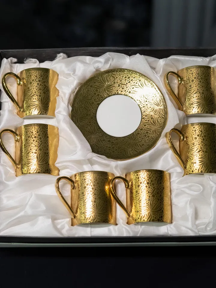 Gold Colour Porcelain Tea Cups and Saucers | Tea Cups Saucers Set | Porcelain Set | Elegant Teaware | Gift For Tea Lovers, Gift For Her