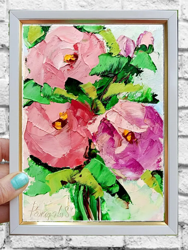 Pink Peonies painting Flowers original oil painting Small Original art Peony wall art Pink peonies artwork Floral wall decor art Gift 7x5 in