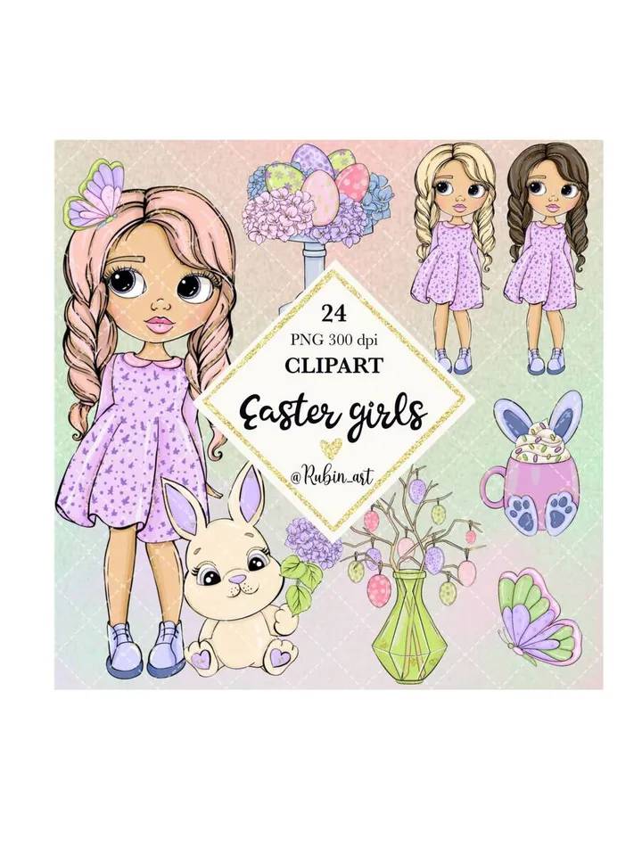 Inspire Easter Girl Clipart, Girl with Bunny Clipart, Spring Girl Clipart, Various Hair Color Girl, Doll Planner Stickers, Easter Doll Clipart