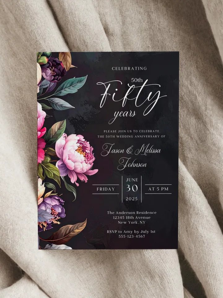 50th Anniversary Party Invitation, 40th, 30th, 20th, 10th, Moody Burgundy & Blush Peony Floral Canva Template 5x7 birthday evite