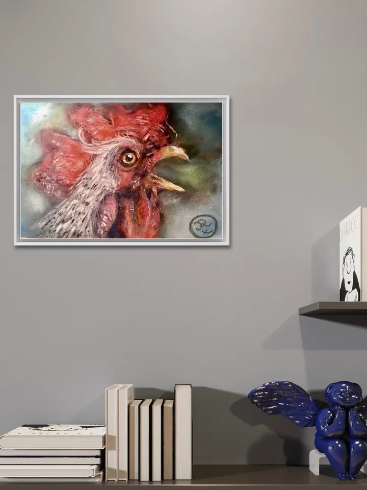 Red rooster original soft pastel painting on cardboard,funny animals pastel art,small painting gift,kitchen wall decoration.