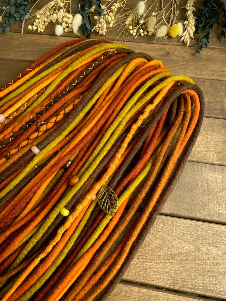 Wool Brown orange mustard green pumpkin, rust red copper Double Ended dreadlocks, Ready to ship