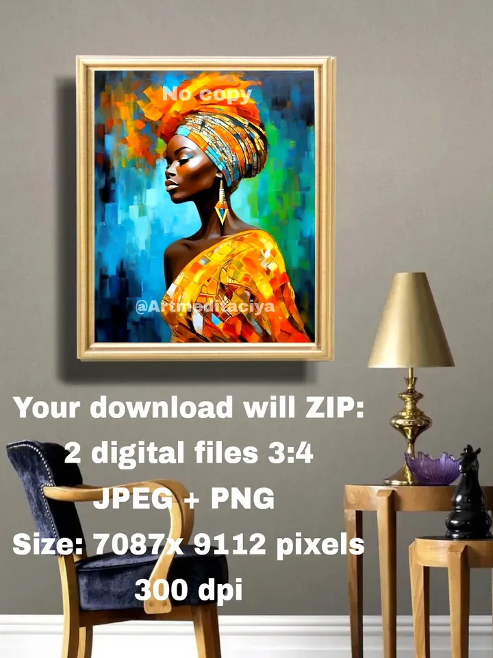 Digital abstract texture painting "Mysterious Mulatto woman" on an abstract blue-blue-green background. This is a vivid image of a beautiful African woman in a yellow-orange outfit and a turban in the style of oil painting