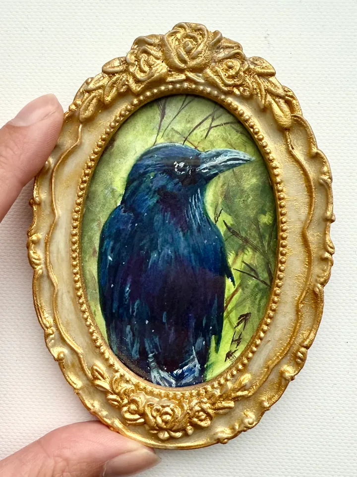 Framed Bird Raven Painting Small Original Witch’s Friend Artwork Crow Art Tiny Oval Painting Bird