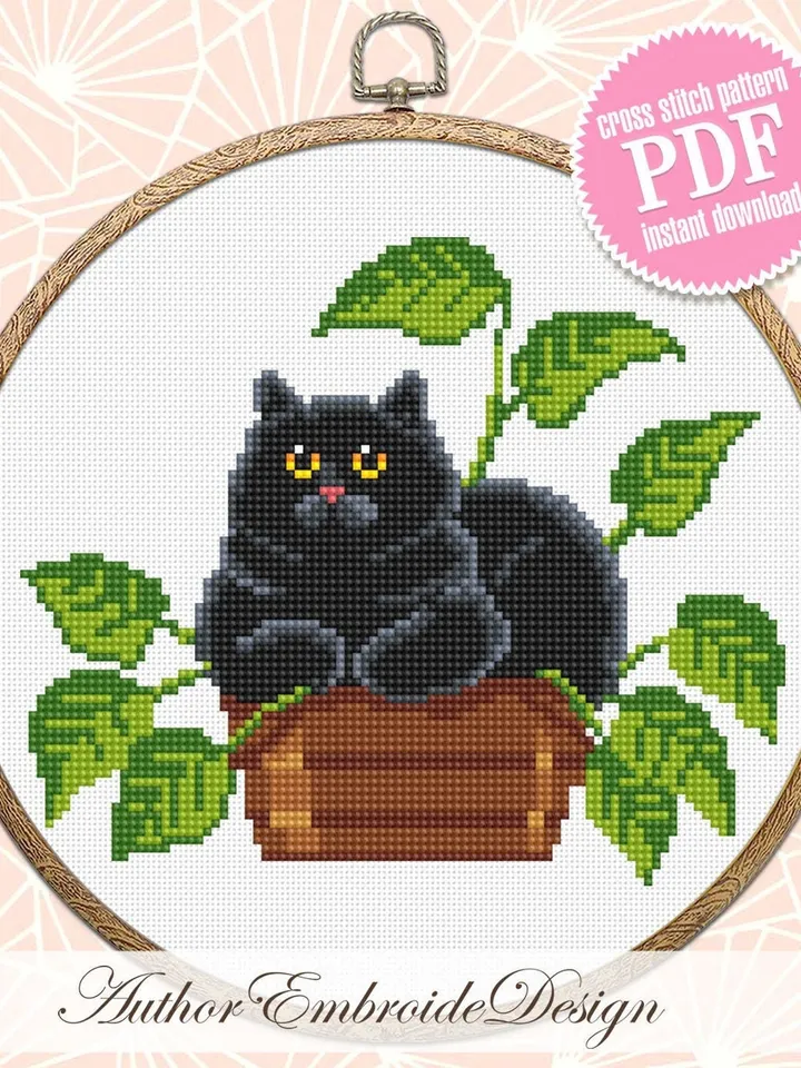 Black cat and plants cross stitch pattern PDF download House plant cross stitch chart, Funny cat pattern digital PDF, Cat lover gift #K45